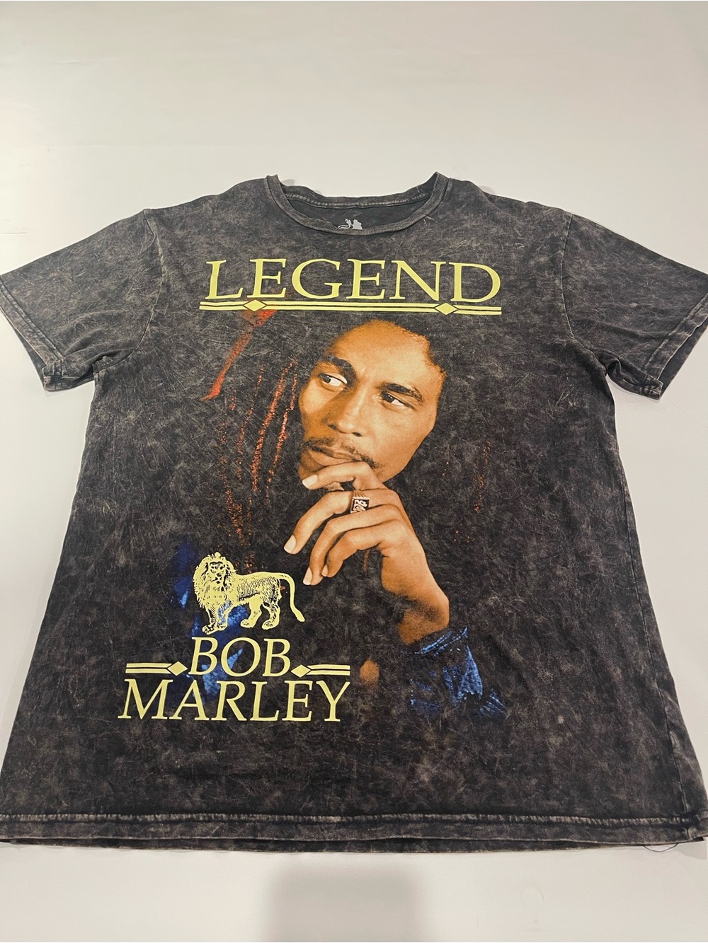 Zion Rootswear Bob Marley Legend Graphic T-Shirt Black Acid Wash XL Cotton.#0726